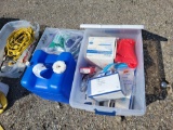Leg wraps, medical supplies and water container