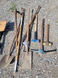 Tools, hoes, sledge hammers, shovels, pitch fork