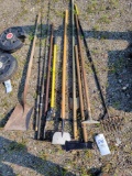 Tools, maul, scrapper, shovel, fishing rods
