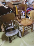 Hip hugger cane-bottom chair and antique child's wood rocking chair