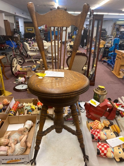 Oak organ stool glass and claw feet with back