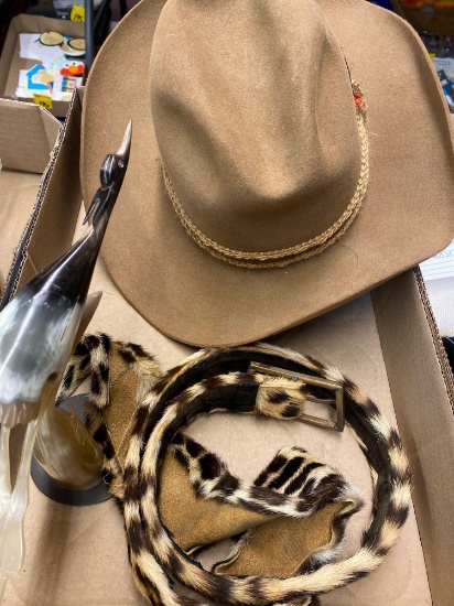 Stetson hat, leopard belt and collar, horn bird