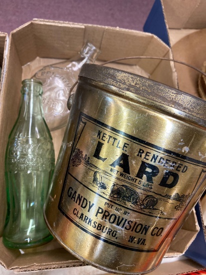Gandy 5 pound lard tin, glass nurser, Coca-Cola Cleveland bottle