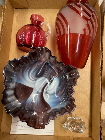 Signed art glass vase, cranberry pitcher, imperial slag bowl, crystal swan