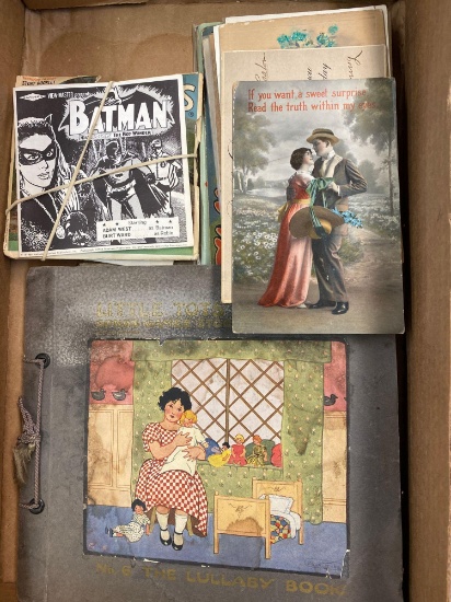 Vintage view master reels, Batman, Peanuts, etc, vintage postcards, 1909 4 kids records