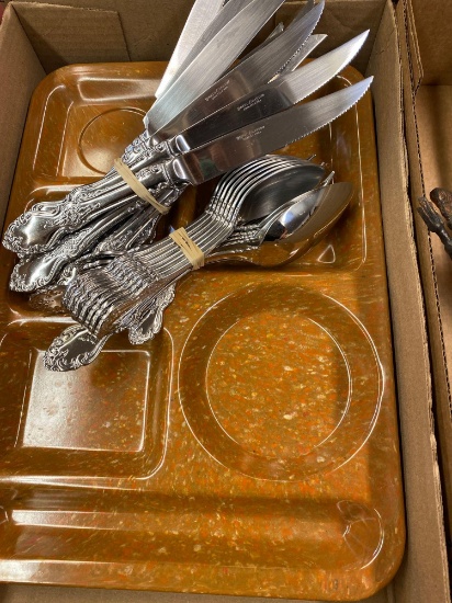 Two Texas Ware divided lap trays, Reed and Barton stainless flatware