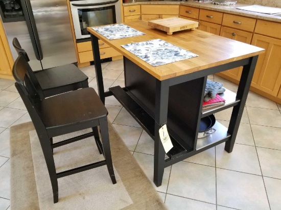 Kitchen island with 2 stools, oak top, approx 31 x 50 in