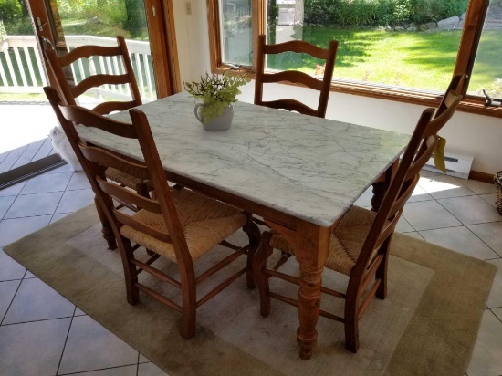 Kitchen table, marble top with 4 rush seat chairs