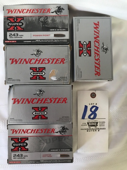 Winchester 100gr power point and 80gr soft point 243win ammo - 5 boxes