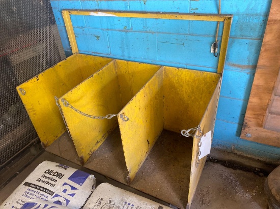 Yellow metal bin with 3 compartments