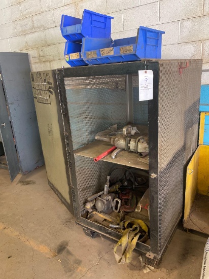 Metal mesh cabinet and contents, pipe cutter, impacts