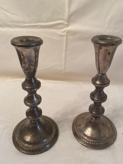 Douchin sterling candle holders, pair, 8.5" tall.