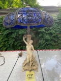 Blue Slag Glass Lamp With Metal Overlay and Metal Roman Woman Base