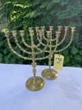 Two Brass Hanukkah Menorahs