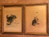 Pair pencil signed cat etchings, 14 x 18 frames.