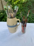Stoneware Pitcher and Glass with Paint Brushes