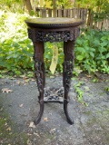 Heavily Carved Floral Claw-Foot Plant Stand with Marble Insert