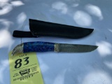 Damascus Steel Fixed Blade Eagle Knife with Blue Handle and Leather Sheath