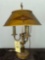 Old unsigned heavy brass table lamp w/ hand-painted metal shade, 28