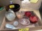 Wheelcut glass bowls, (12) red bowls, salt dips, pattern glass berry bowls.