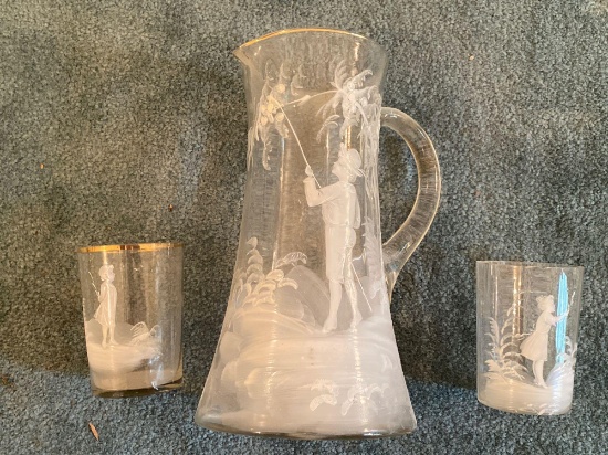 Mary Gregory style pitcher w/ (2) tumblers.