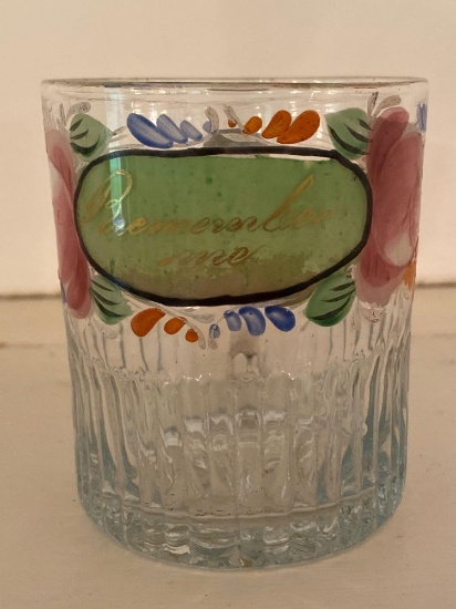 Two "Remember Me" blown glass enamel decorated cups.