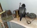 Old wooden tray, brass fire starter, (2) porch light fixtures.