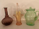Wheelcut pink glass pitcher, green pitcher, carafe.