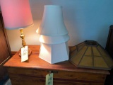Brass candlestick lamp, (4) lamp shades.