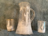 Mary Gregory style pitcher w/ (2) tumblers.