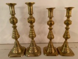 (2) Pairs old brass candlesticks, 10.75