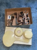 Ivory Bakelite Dresser Set Items, Pipes, Ceramic Dogs