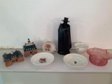 Wedgwood Prince of Wales bottle, (2) Williamsburg buildings, pink bowl, cups & saucers.