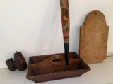 Dovetailed tray, wooden smoker's pipe (no stem), curly maple cut board, Mexico carved club.