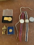 (3) Watches (Smith quartz, Hamilton, Omega w/ date), necklace, money clip.