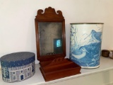 Federal style mirror, Orleans wooden tray, artist Zimmerman waste basket