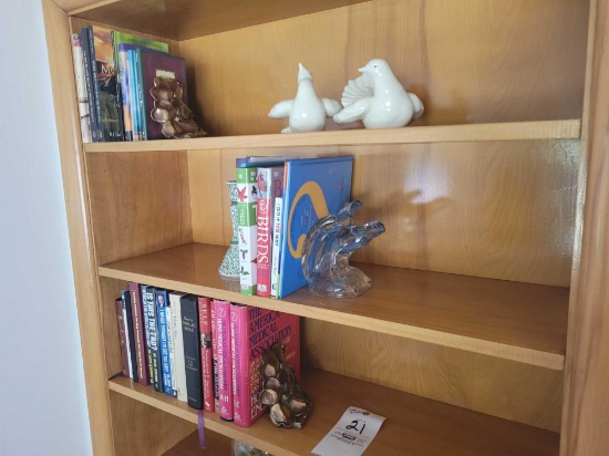 Assorted hardback books, bookends, dove figures