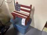 Fourth of July decor, bench, table covers