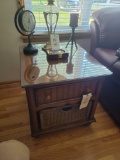 One drawer end table with pull out basket storage, (contents not included)