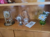Linden anniversary clock, assorted glass case clocks, hummingbird clock, vase