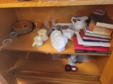 Contents of cabinet, nut set, candle sticks, small bowl and pitcher, hull vase