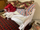 Wood bench, Afghans, comforters