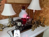 United Carriage clock, lamps, brass candle sticks