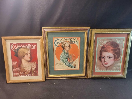 3 framed Cosmopolitan magazine covers, cover art by Harrison Fisher