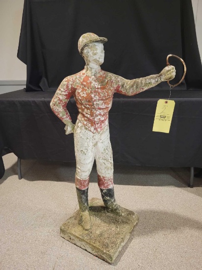 Cement lawn jockey, in good condition no breaks, 45 inches tall