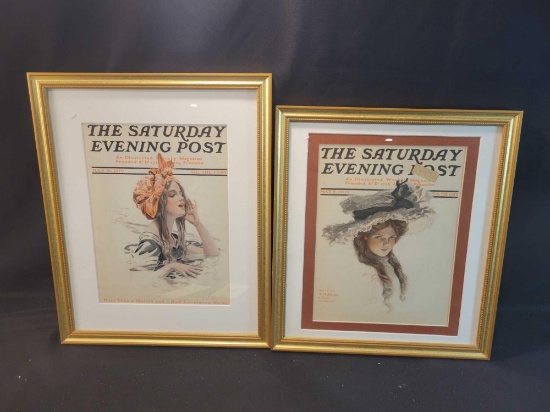 2 framed Saturday evening post covers, cover art by Harrison Fisher