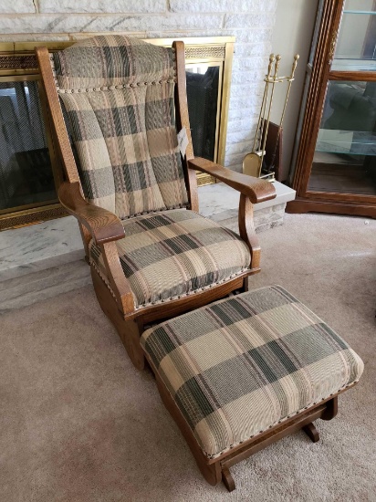 Upholstered oak platform rocking chair with ottoman