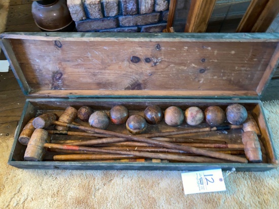 Early croquet set in wood box