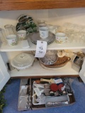 Covered dishes, flatware, glassware and milk glass hat