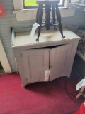 Grey painted 2 door cabinet with contents, (piano stool not included)